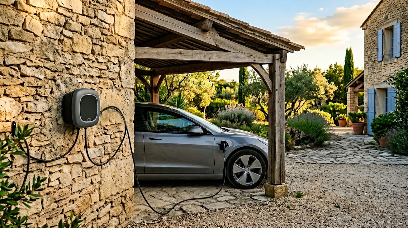 Borne de recharge pour véhicule électrique installée à domicile.